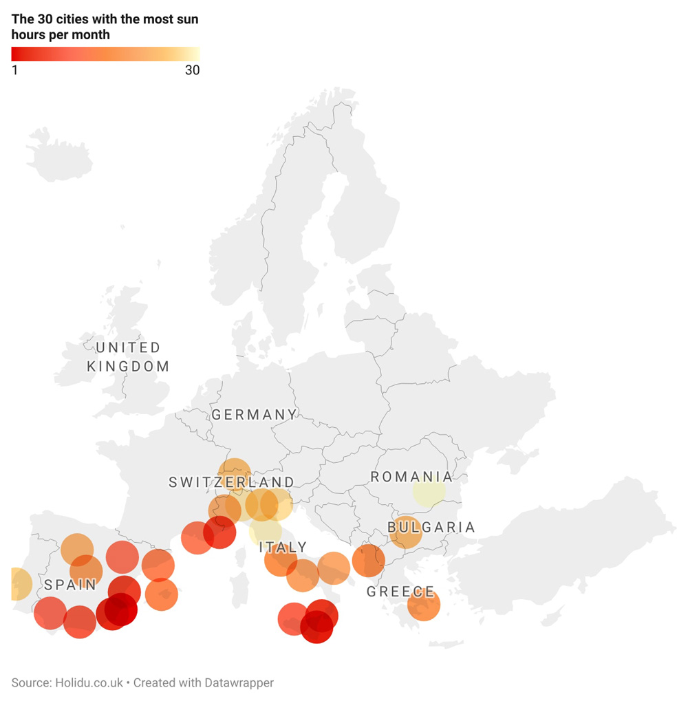 España reina en el ranking de ciudades europeas donde siempre brilla el sol 11 Mapa de las ciudades más soleadas de Europa. Fuente: Holidu.