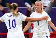 Georgia Stanway celebrates with Beth Mead (right) after her goal put England 1-0 up against Austria in their Euro 2022 opening fixture at Old Trafford