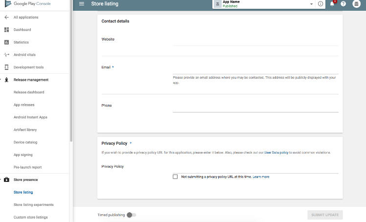 Pautas para publicar su aplicación de Android en Google Play Store 11 Detalles de contacto