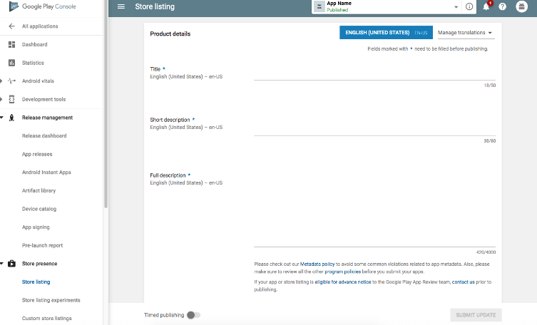 Pautas para publicar su aplicación de Android en Google Play Store 5 página de detalles del producto,