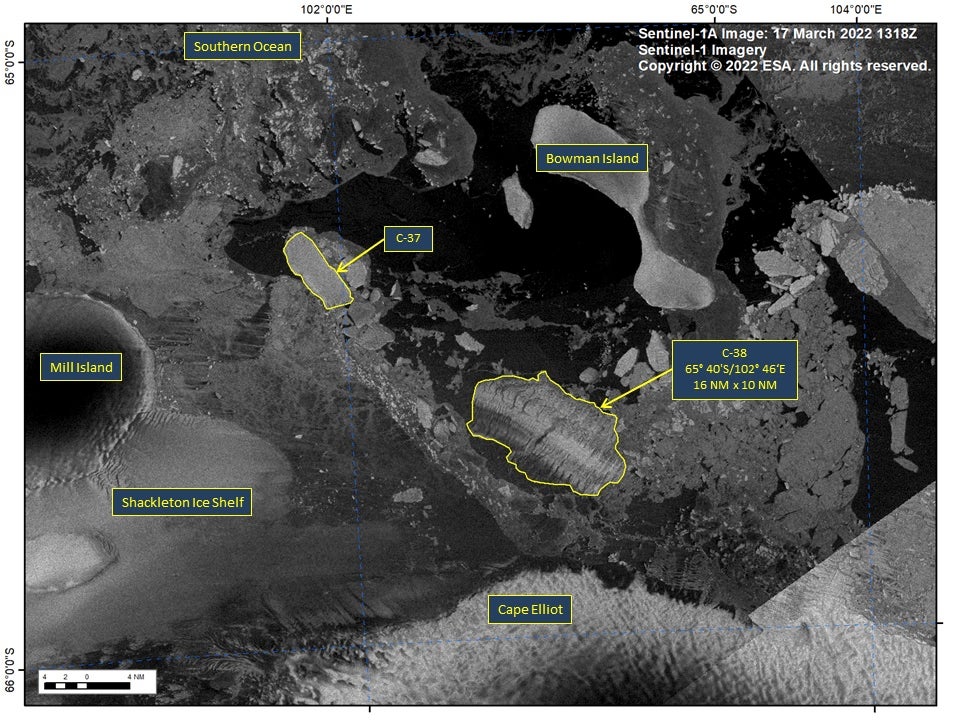 Lo que debe saber sobre el colapso de la plataforma de hielo Moray de la Antártida 2 Imagen de Sentinel-1A del Iceberg C-38 tomada el 17 de marzo de 2022