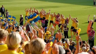 Los jugadores suecos celebran con los fanáticos después de ganar el Grupo C y mantener su récord perfecto en los octavos de final del Campeonato de Europa.