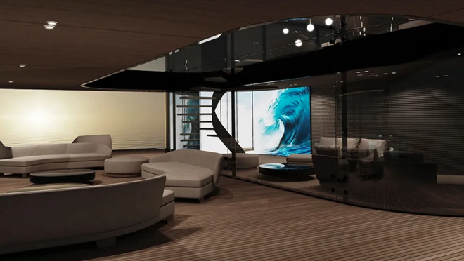 Polvo, superyate de lujo con piscina de cristal y enorme 'club de playa' 2 En el interior destaca la pantalla LED curva de la escalera de caracol