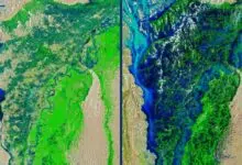 two satellite images show a region with a lake to the west and a river running at an angle to the east. The left photo shows the region prior to extreme flooding, whereas the right photo shows the lake and river overflowing into one another and the surrounding area