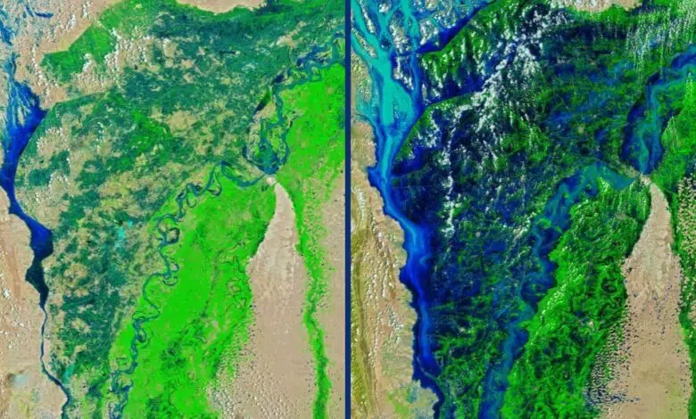 Inquietantes imágenes satelitales muestran que el 'monzón con esteroides' ha inundado franjas de Pakistán 1 two satellite images show a region with a lake to the west and a river running at an angle to the east. The left photo shows the region prior to extreme flooding, whereas the right photo shows the lake and river overflowing into one another and the surrounding area