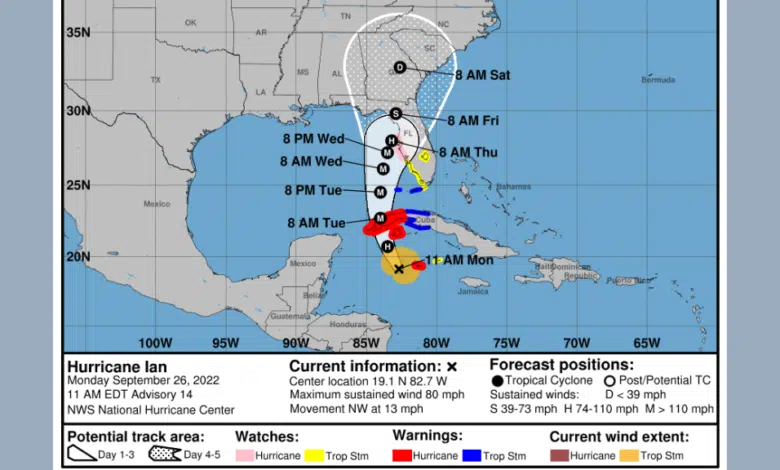 El huracán Ian alcanza la categoría 3 antes de golpear Cuba, gira hacia el oeste de Florida 1 A graphic shows hurricane ian