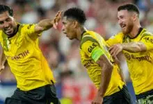Dortmund's Jude Bellingham, celebrates after scoring his side's second goal during the group G Champions League soccer match between Sevilla and Borussia Dortmund at the Ramon Sanchez Pizjuan stadium in Seville, Spain, Wednesday, Oct. 5, 2022. (AP Photo/Jose Breton)