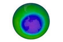 The false-color view of the monthly-averaged total ozone over the Antarctic pole for October 2022. The blue and purple colors are where there is the least ozone.