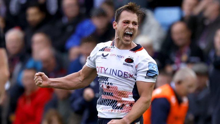 Exeter 20 - 22 sarracenos 3 Ivan Van Ziel celebra la victoria de los sarracenos