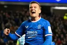 Rangers' Steven Davis celebrates his goal to make it 1-0 during a Premier Sports Cup match between Rangers and Dundee at Ibrox Stadium