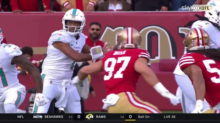 Neil Reynolds: Nick Bosa, estrella de la defensa de los 49ers de San Francisco y los Lions de Detroit, sigue con vida en la carrera por los playoffs de la NFC Noticias de la NFL 14 El mariscal de campo de los Miami Dolphins, Tua Tagovailoa, encuentra a Trent Sherfield para un touchdown de 75 yardas en la primera jugada del juego.