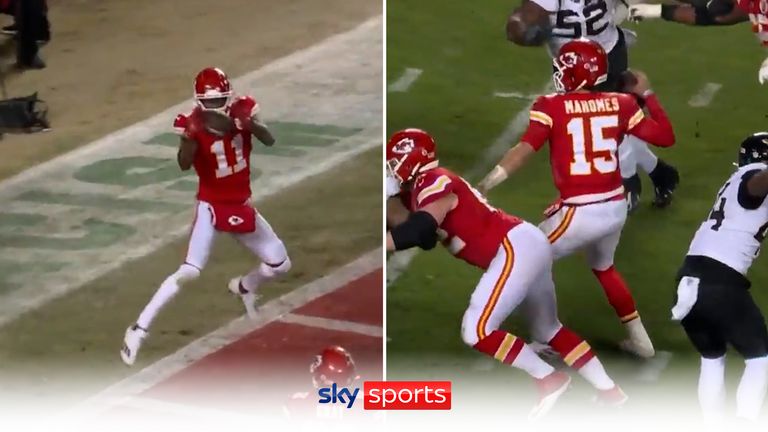 Jacksonville Jaguars 20-27, Kansas City Chiefs: Patrick Mahomes supera una lesión en el tobillo, los Chiefs alcanzan el quinto juego consecutivo por el título de la AFC | Noticias de la NFL 7 El mariscal de campo de Kansas City, Patrick Mahomes, lanza un pase de touchdown a Márquez Valdés a pesar de una lesión en el tobillo en la primera mitad