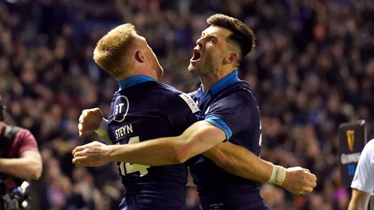 Seis Naciones: el jefe de Gales, Warren Gatland, reacciona al golpe de Escocia | Noticias de la Unión de Rugby 4 El escocés Kyle Steyn celebra tras anotar en su segundo intento