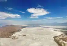 Dry lakebed surrounding Antelope Island in the Great Salt Lake