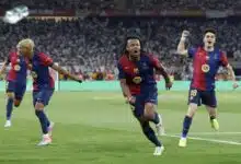 La estrella de Barcelona apunta a otro reportero para un informe falso 10 Kounde celebrates the Copa del Rey winner